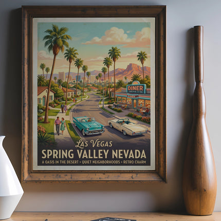 Las Vegas Spring Valley Nevada vintage poster showing a street scene with cars and a diner.