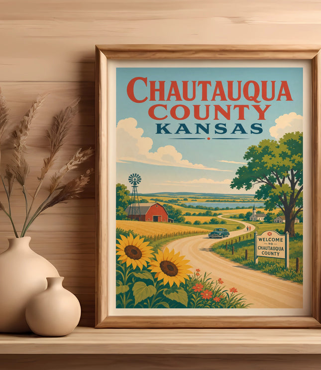 Chautauqua County Kansas vintage travel poster with sunflowers and barn.