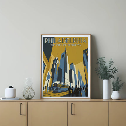 Philadelphia skyline artwork with text "Philadelphia The City of Progress".