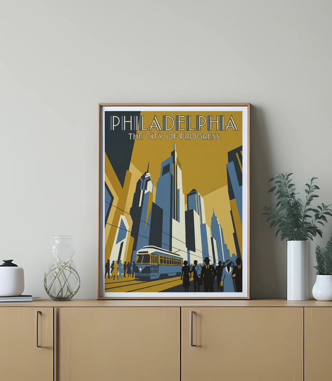 Philadelphia skyline artwork with text "Philadelphia The City of Progress".
