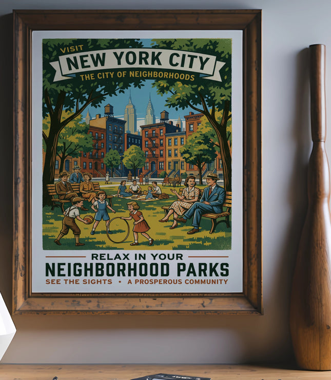 Vintage New York City poster depicting a park scene with text "Relax in your neighborhood parks".