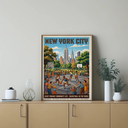 New York City poster depicting people playing basketball in a park, with skyscrapers in the background.