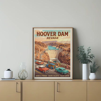Vintage poster of Hoover Dam, Nevada with vintage cars in foreground.