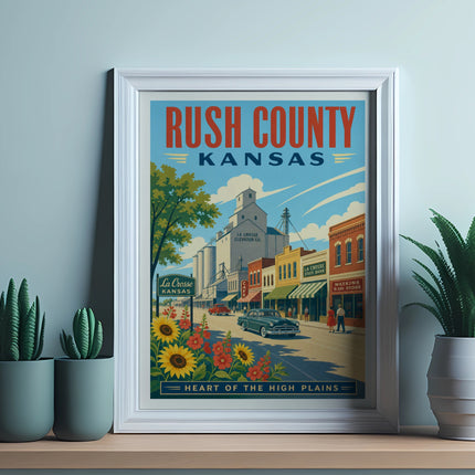 Rush County Kansas poster featuring La Crosse businesses and a vintage car.