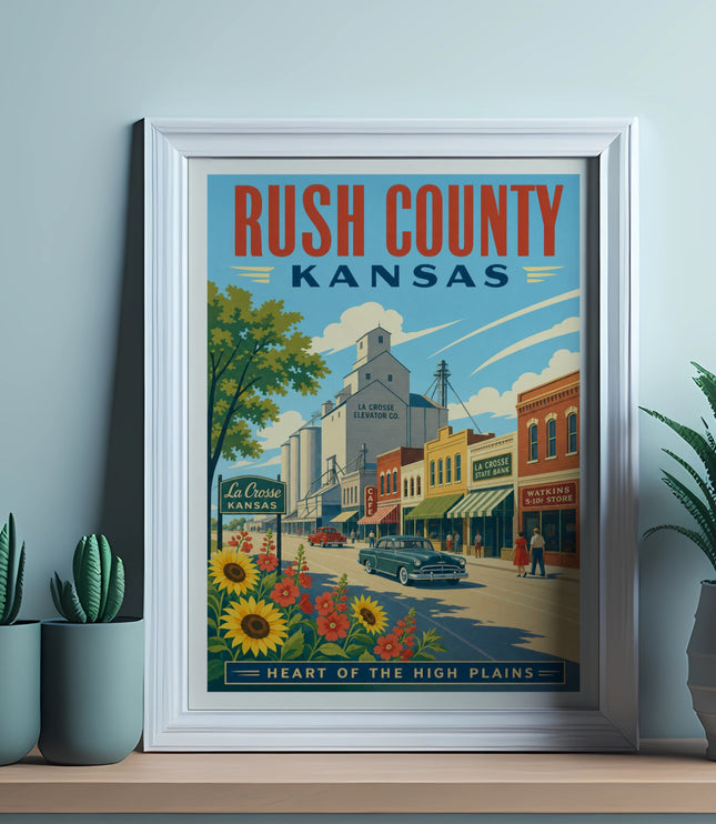 Rush County Kansas poster featuring La Crosse businesses and a vintage car.