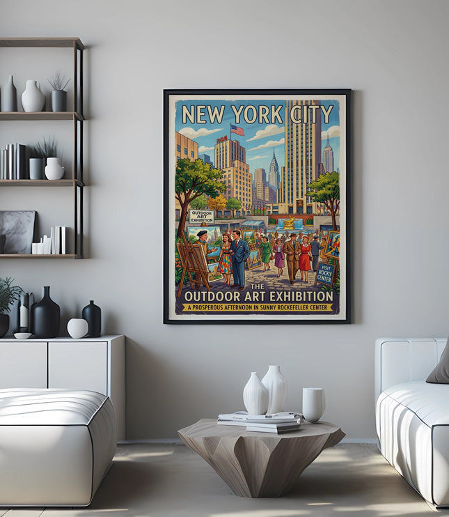 New York City Outdoor Art Exhibition poster featuring Rockefeller Center.