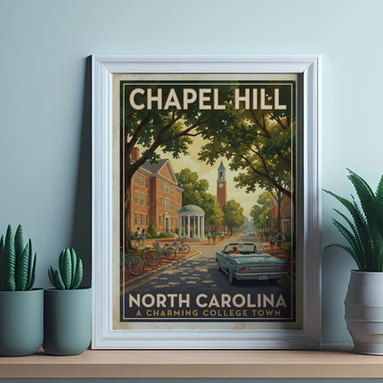 Chapel Hill North Carolina vintage travel poster with town buildings and street scene.