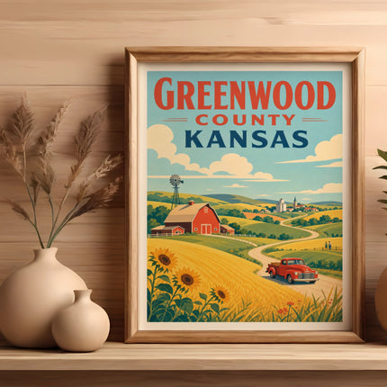 Greenwood County Kansas vintage travel poster with farm scene and red truck.