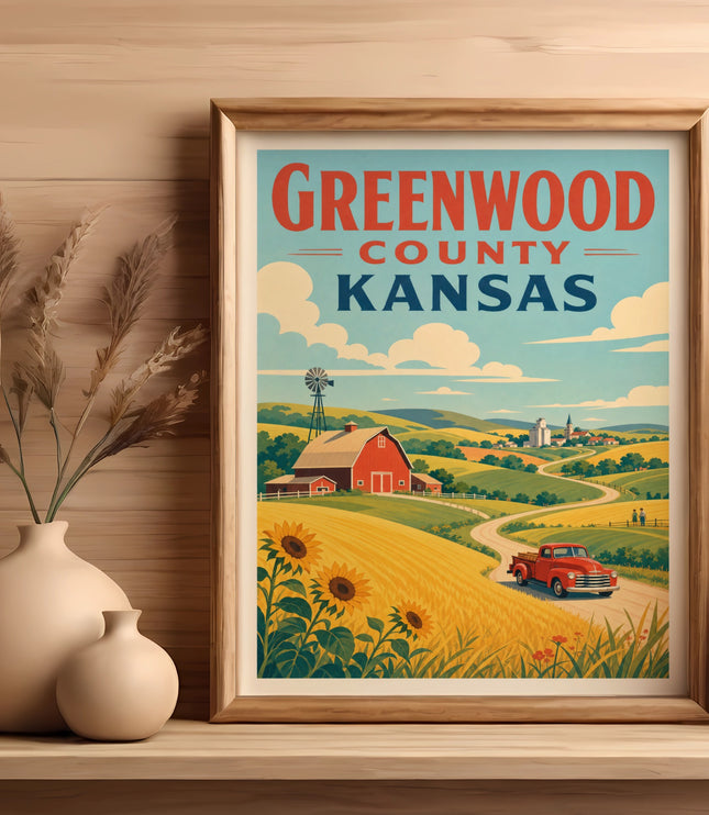 Greenwood County Kansas vintage travel poster with farm scene and red truck.