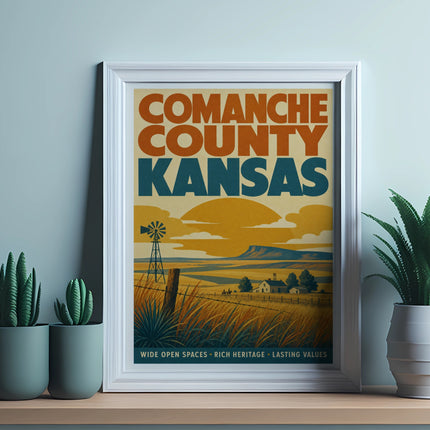 Comanche County Kansas poster with windmill and farm scene.