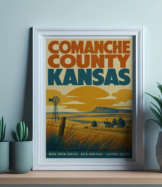 Comanche County Kansas poster with windmill and farm scene.
