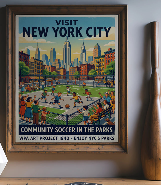 Vintage poster of New York City skyline with community soccer in the parks.