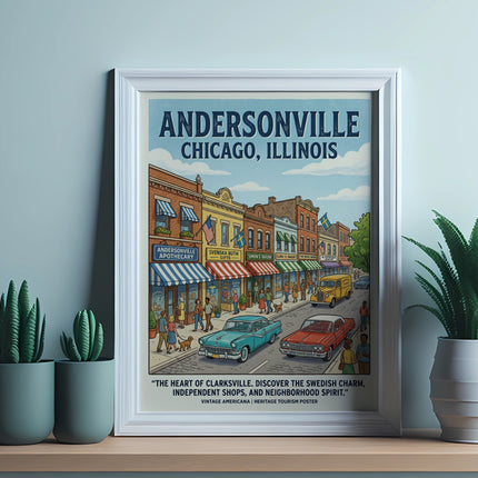 Andersonville, Chicago vintage tourism poster with street scene and shops.