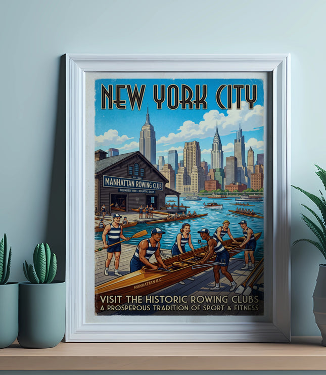 New York City Manhattan Rowing Club poster with rowers, boats, and skyline.