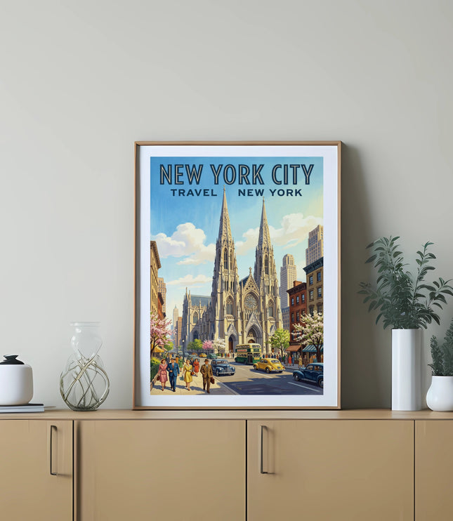 New York City travel poster with street scene and St. Patrick's Cathedral.