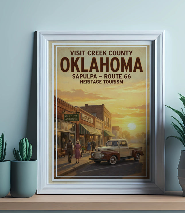 Vintage poster: Visit Creek County, Oklahoma, Sapulpa, Route 66, heritage tourism.