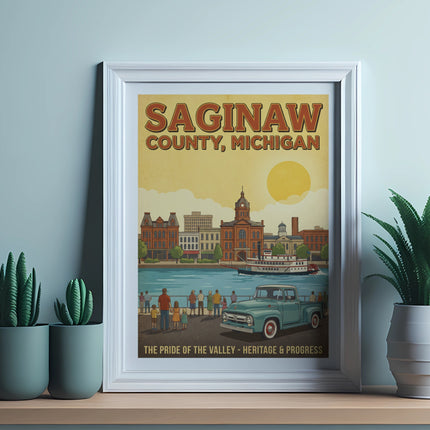Vintage poster for Saginaw County, Michigan, featuring a riverboat and truck.