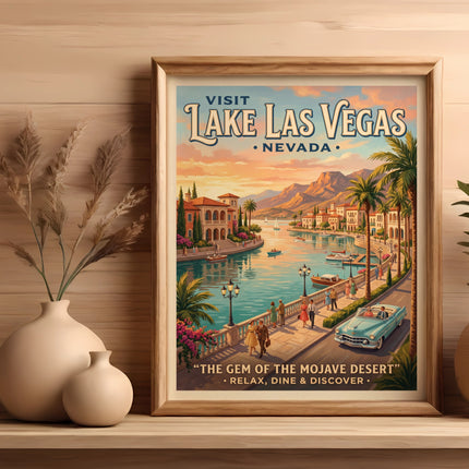 Vintage poster of Lake Las Vegas, Nevada, featuring boats, buildings, and a classic car.