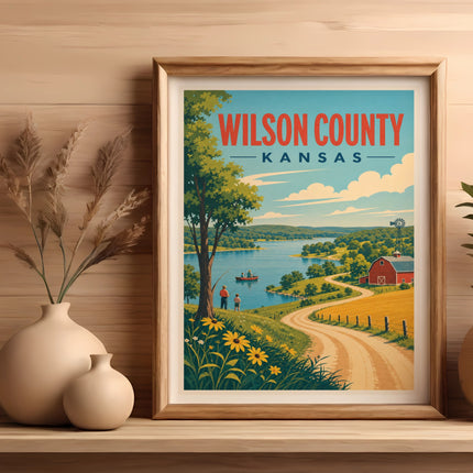 Framed poster of Wilson County, Kansas with a lake, farm, and clouds.