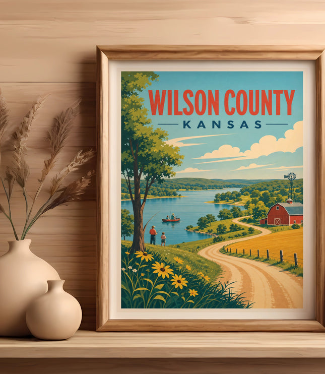 Framed poster of Wilson County, Kansas with a lake, farm, and clouds.