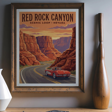 "Red Rock Canyon," Scenic Loop, Nevada vintage travel poster featuring a red convertible.