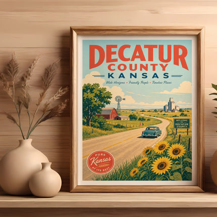 Decatur County Kansas travel poster with sunflowers and rural landscape.