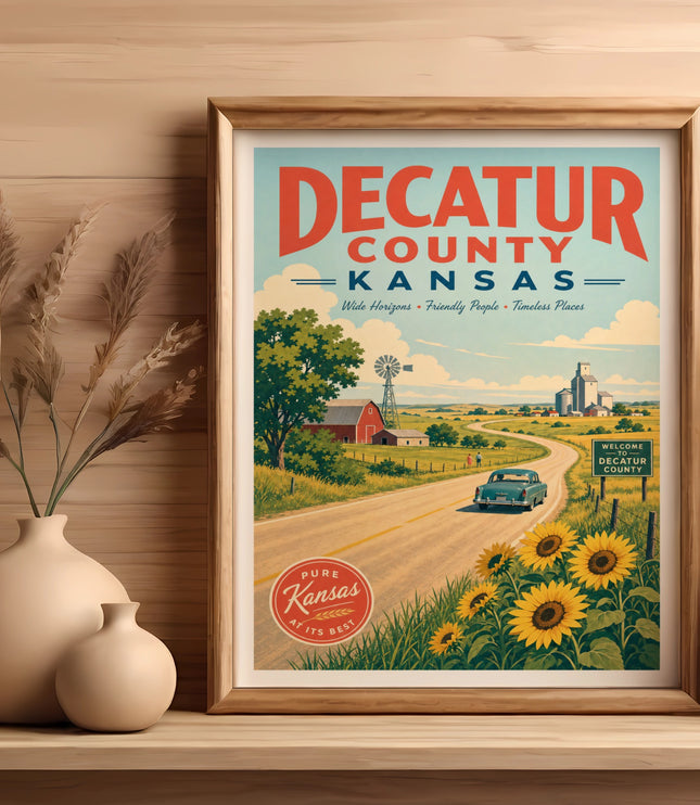 Decatur County Kansas travel poster with sunflowers and rural landscape.