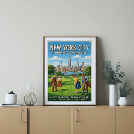 New York City vintage poster advertising summer golf, featuring golfers and skyline.