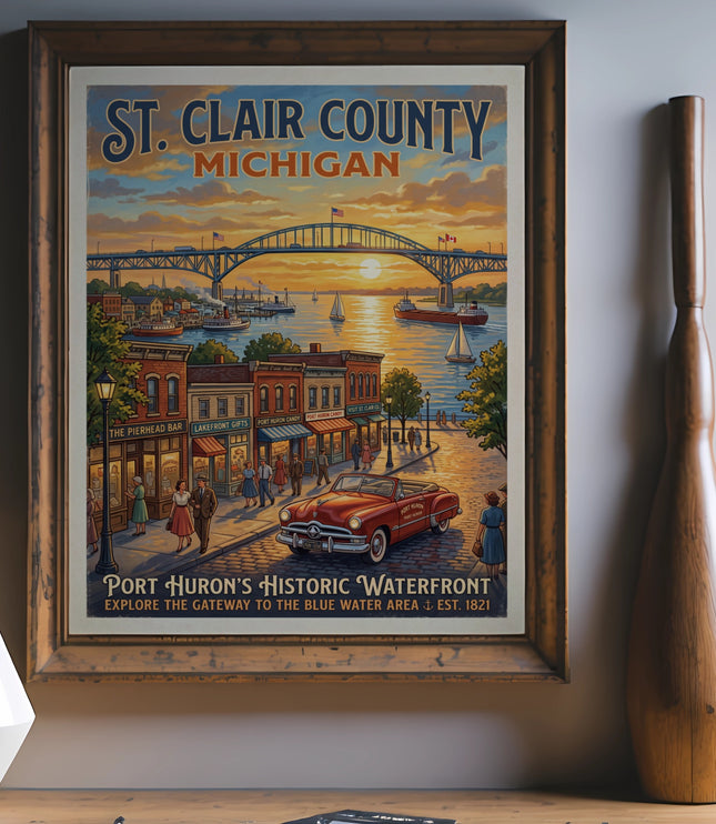 Vintage St. Clair County Michigan poster depicting Port Huron's historic waterfront at sunset.