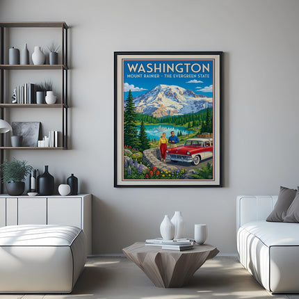 Vintage poster of Mount Rainier, Washington, featuring a couple and a station wagon by a lake.