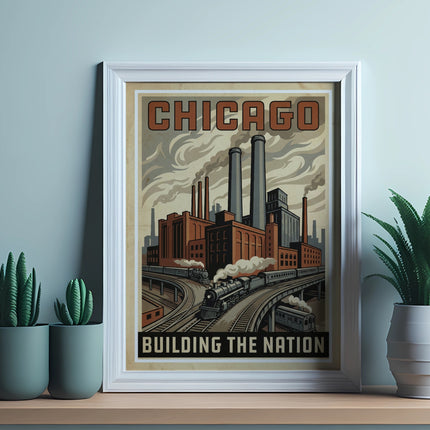 Framed vintage poster of Chicago industry with trains and text "CHICAGO BUILDING THE NATION".
