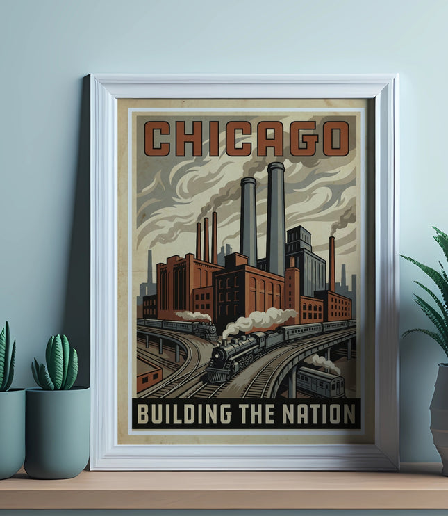 Framed vintage poster of Chicago industry with trains and text "CHICAGO BUILDING THE NATION".
