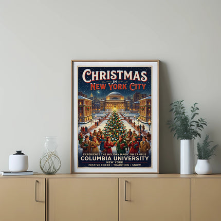 Christmas in New York City poster featuring Columbia University campus and holiday scene.