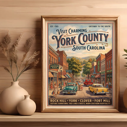 Vintage poster for York County, South Carolina, featuring a charming downtown street scene.