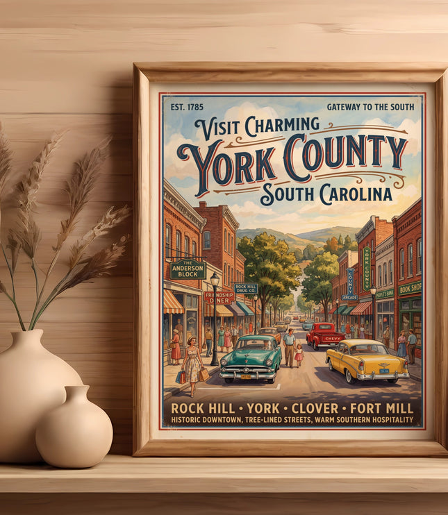 Vintage poster for York County, South Carolina, featuring a charming downtown street scene.