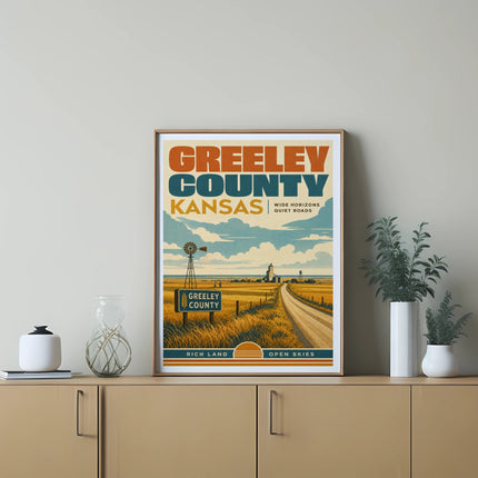 Poster with "Greeley County Kansas" and wheat silo, fields, and road.