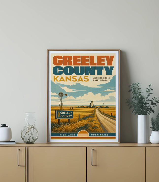 Poster with "Greeley County Kansas" and wheat silo, fields, and road.