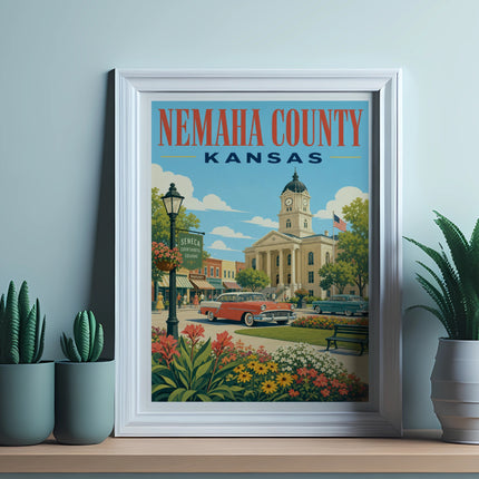 NEMAHA COUNTY KANSAS vintage travel poster with courthouse and town square.