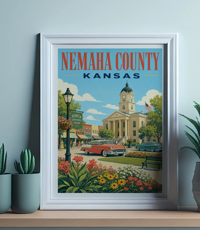 NEMAHA COUNTY KANSAS vintage travel poster with courthouse and town square.