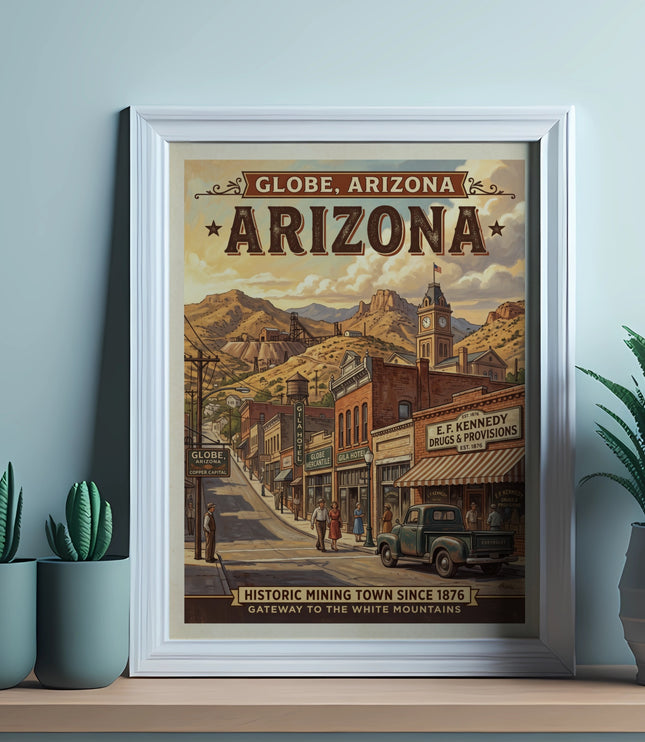 Globe, Arizona vintage poster showing mining town street scene and mountains.