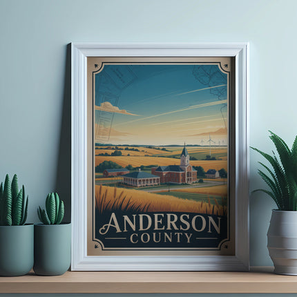 Anderson County landscape illustration with church and windmills.