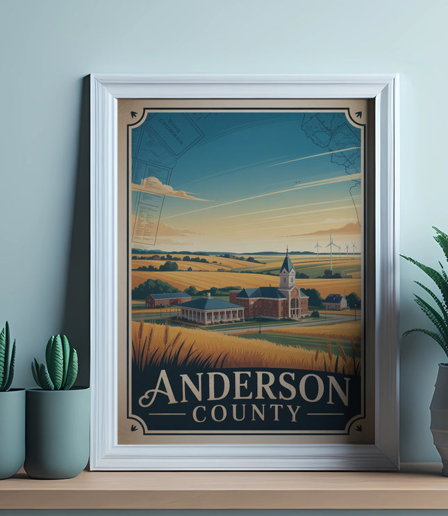 Anderson County landscape illustration with church and windmills.