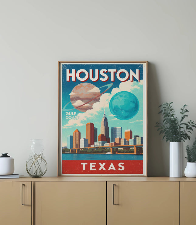 Vintage poster featuring the Houston skyline, Gulf Coast, and text "Houston Texas".