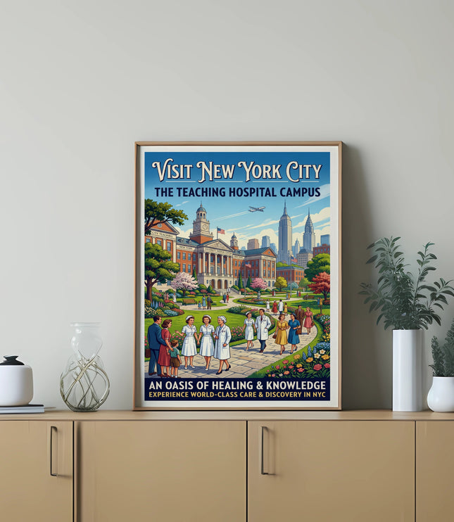 Vintage poster for New York City's teaching hospital campus with skyline and people.