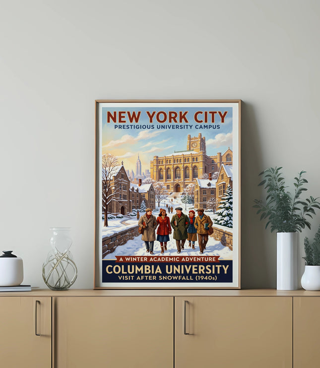 Art print showing Columbia University campus in NYC during winter, 1940s.