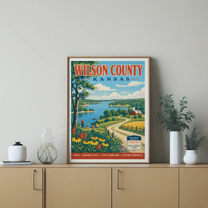 Wilson County Kansas travel poster with scenic landscape and text.
