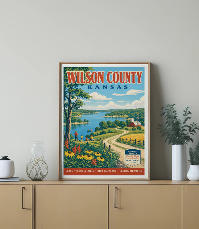 Wilson County Kansas travel poster with scenic landscape and text.