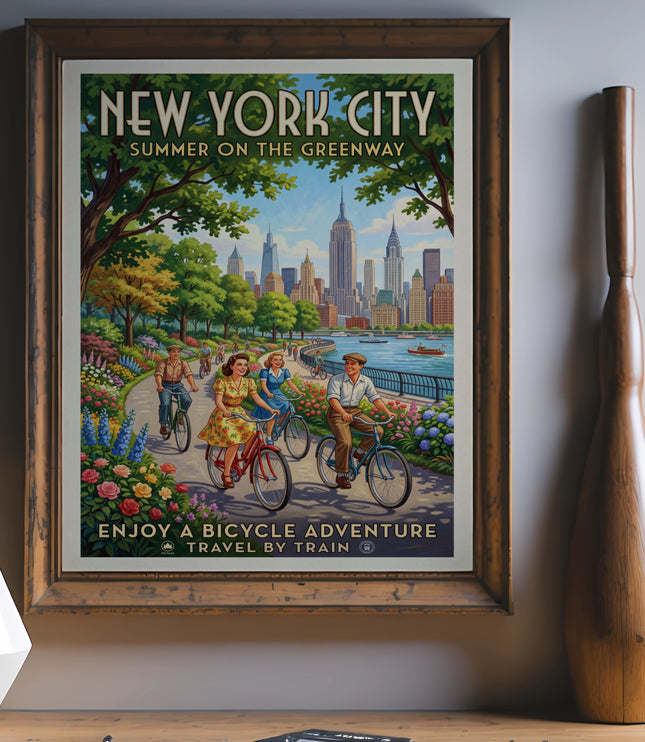 Vintage poster showing people bicycling along the New York City greenway with a skyline view.