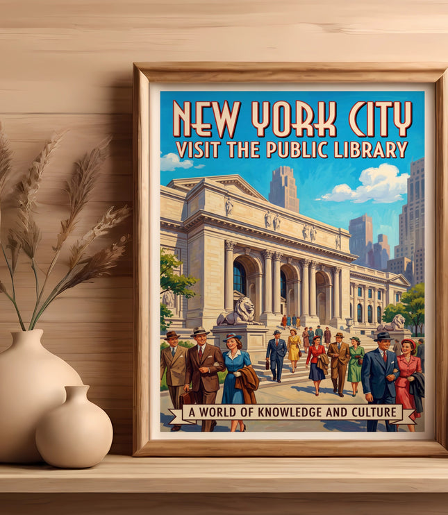 New York City Public Library vintage travel poster with people and text.