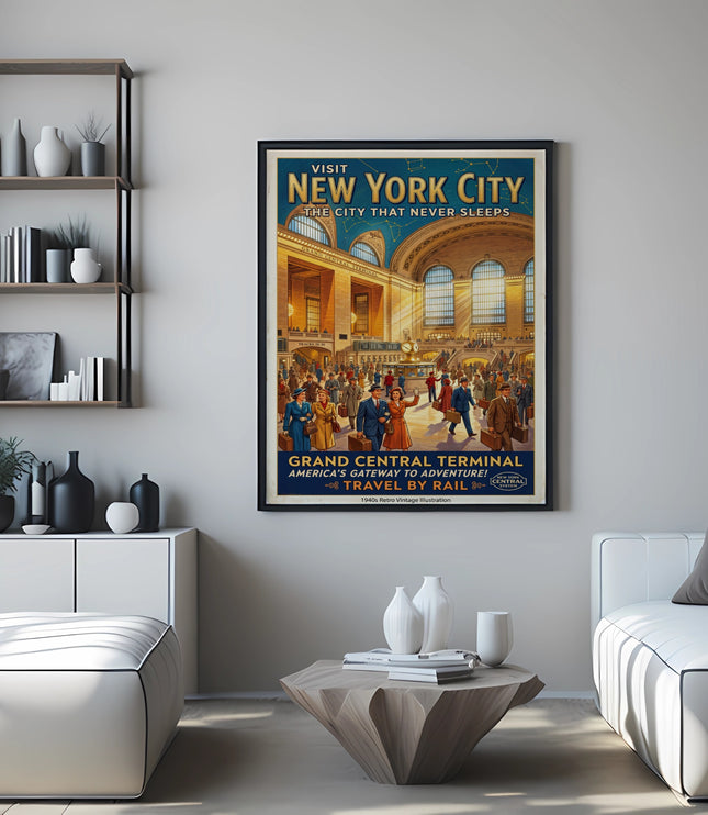 "Visit New York City" Grand Central Terminal travel poster in a framed display.